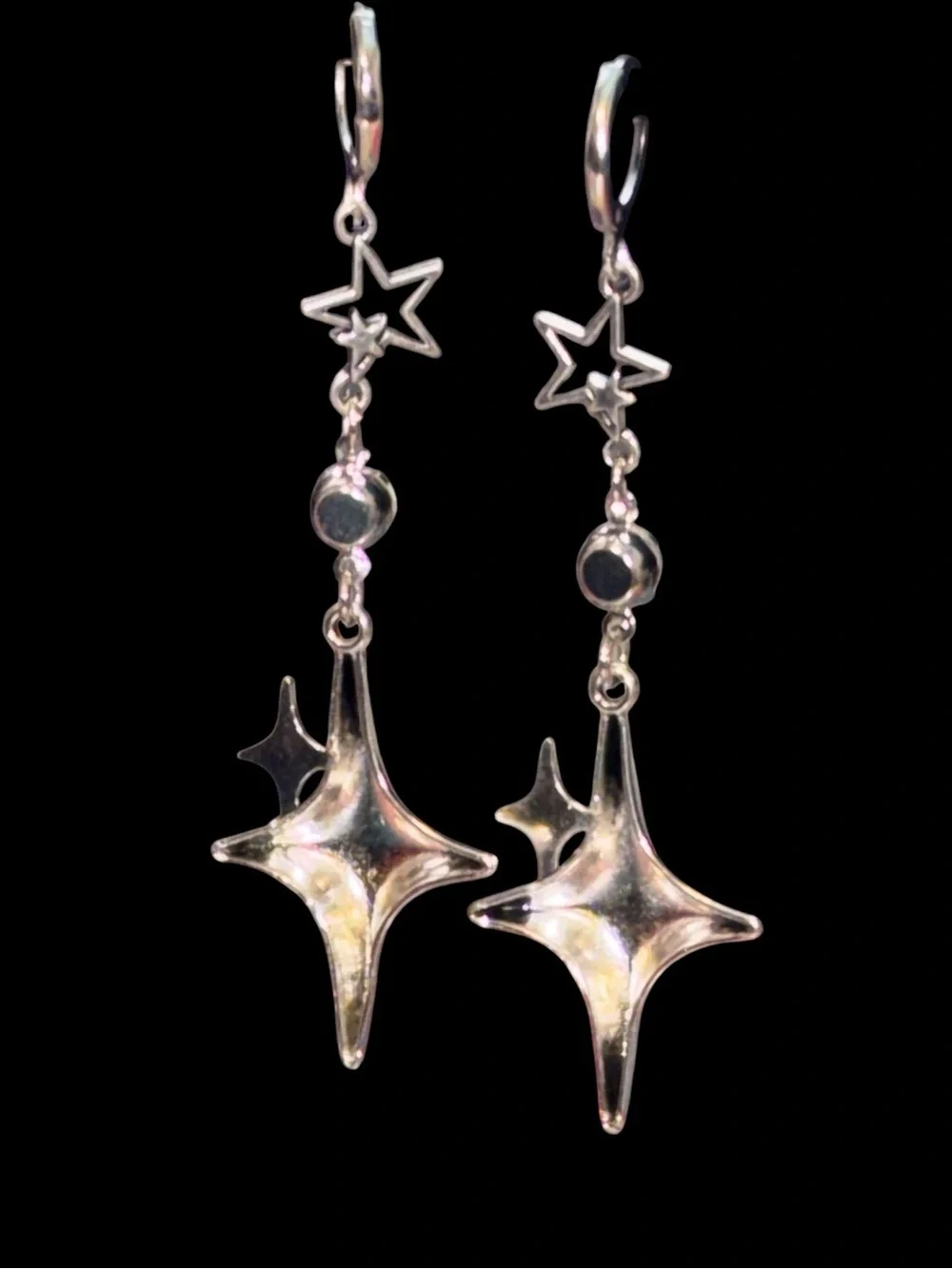 Handmade Silver Starburst Drop Earrings with Crystal Accent